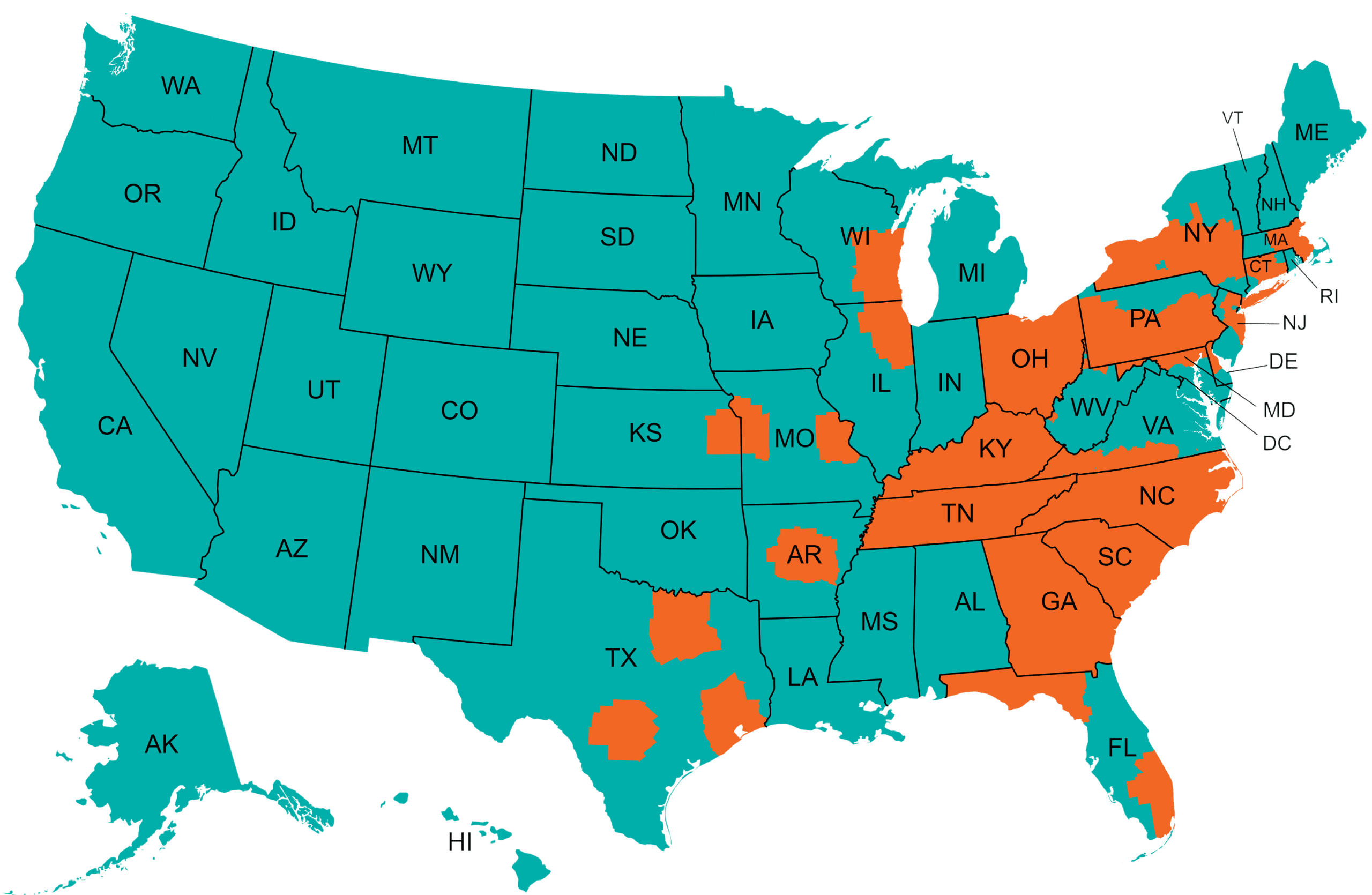 EZaccessMD service map: 22 in-home diagnostic states in orange, telehealth-only states in teal